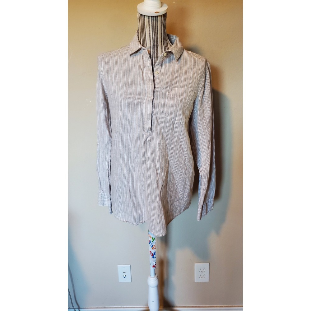Per Se Womens Tan White Striped Linen Cotton Tunic Top Roll Tab Sleeve Medium